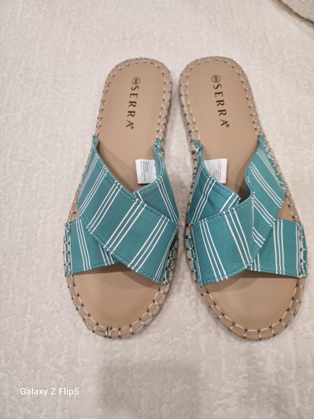 Serra Teal and White Striped Crossband Slide Sandals